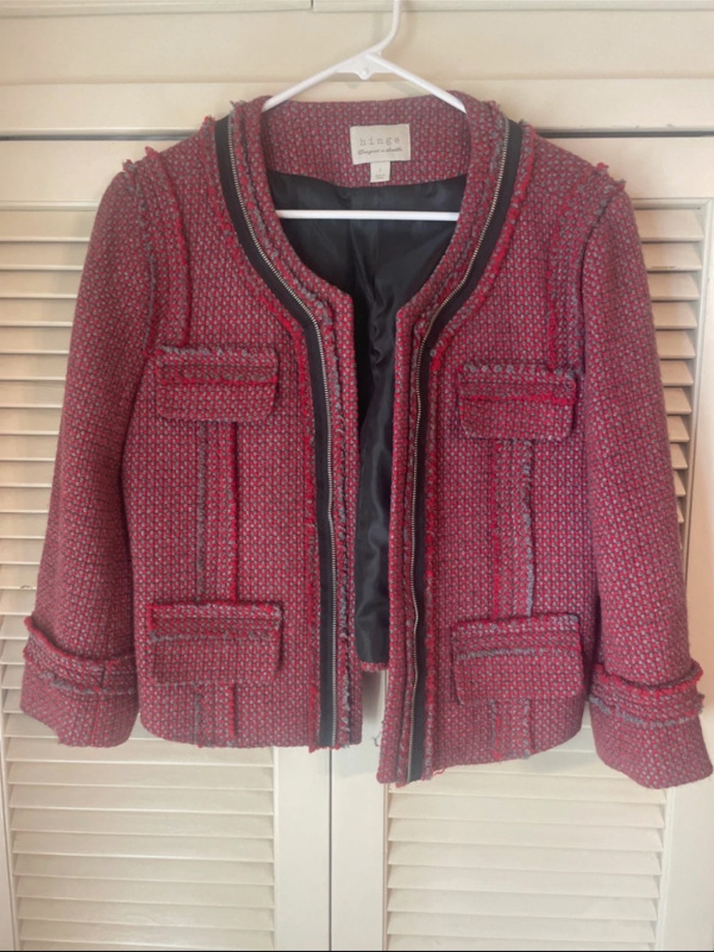 hinge Red Tweed Fringe-Trim Collarless Blazer